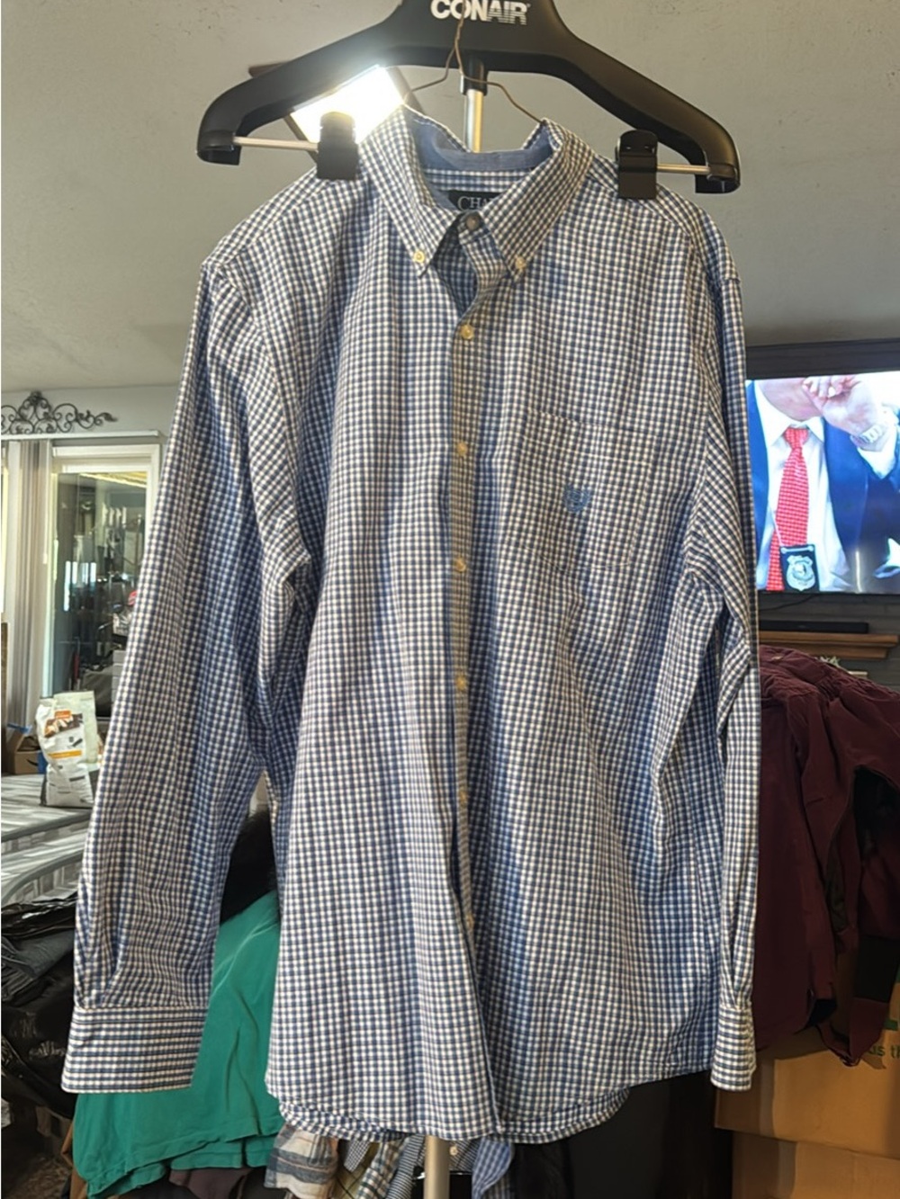 Chaps Blue and White Gingham Button-Down Dress Shirt